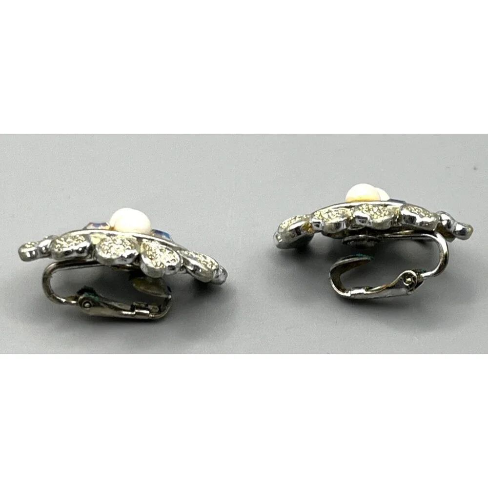 Vtg Coro Clip-On Earrings Silver Tone Hearts Rhinestone Faux Pearl Iridescent